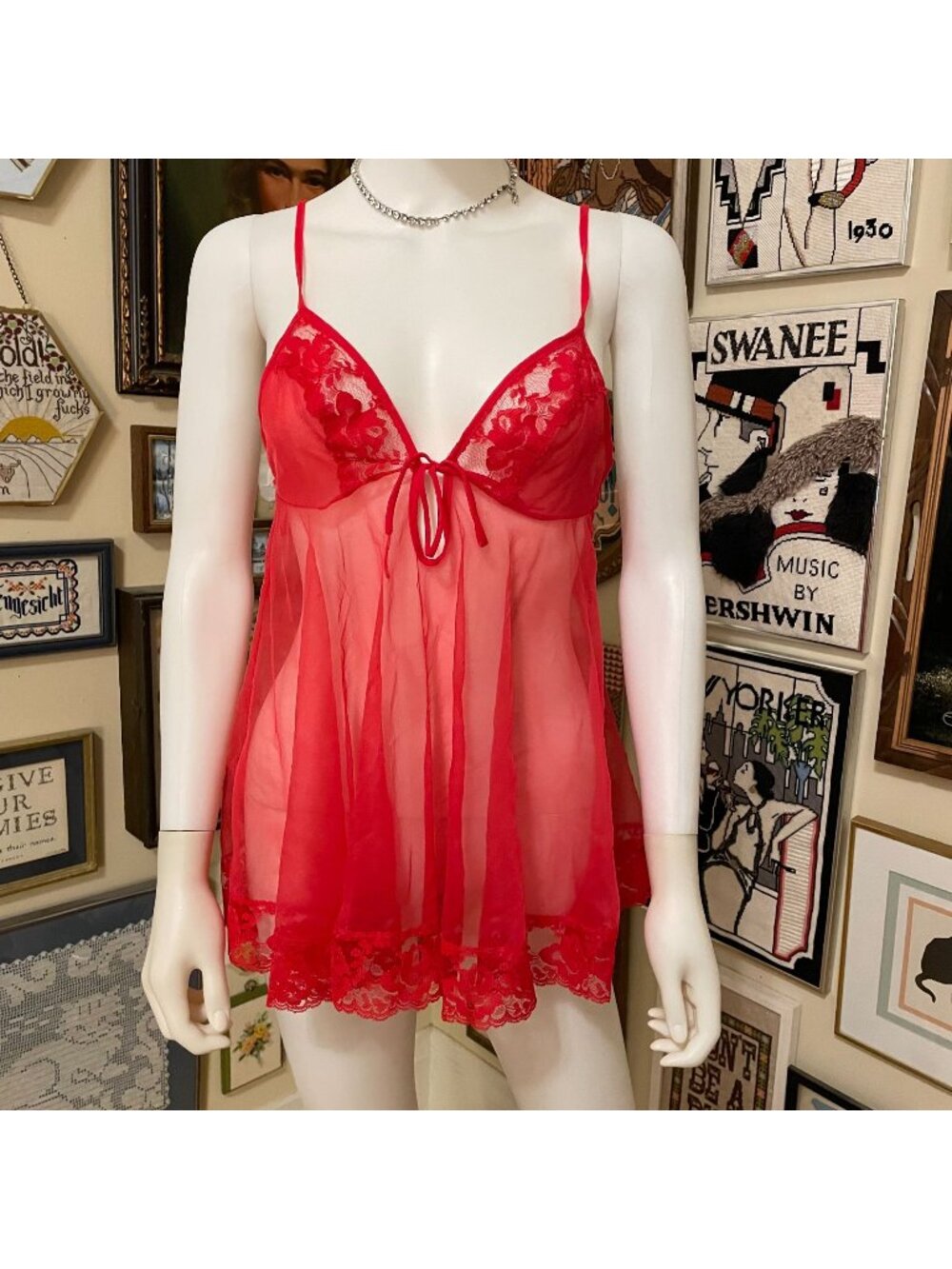 80s Vintage Red Sheer Lace Babydoll Lingerie Nightwear Size S
